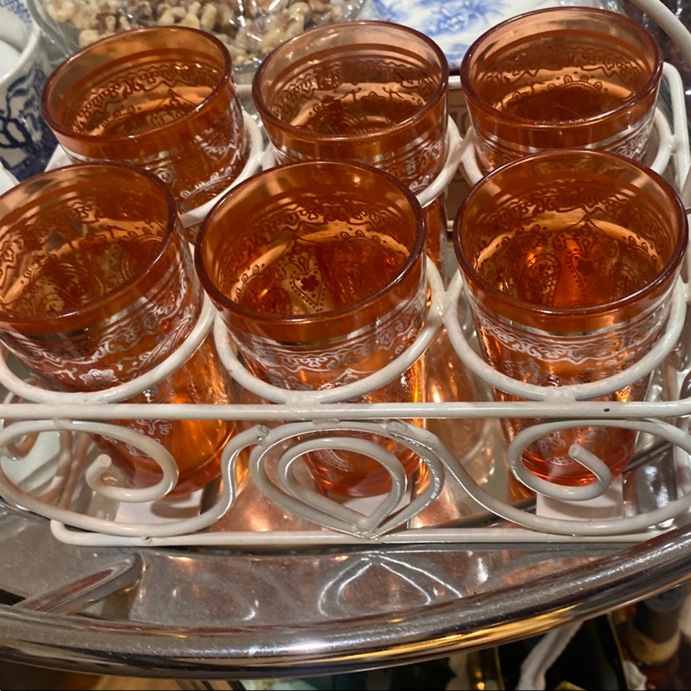 Set of 8 Orange Glasses with Holder, Vintage